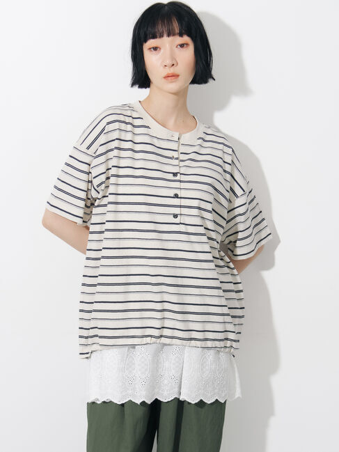 Samansa Mos2「ボーダーヘンリーネックカットソー」|Tシャツ・カットソー|アイボリー