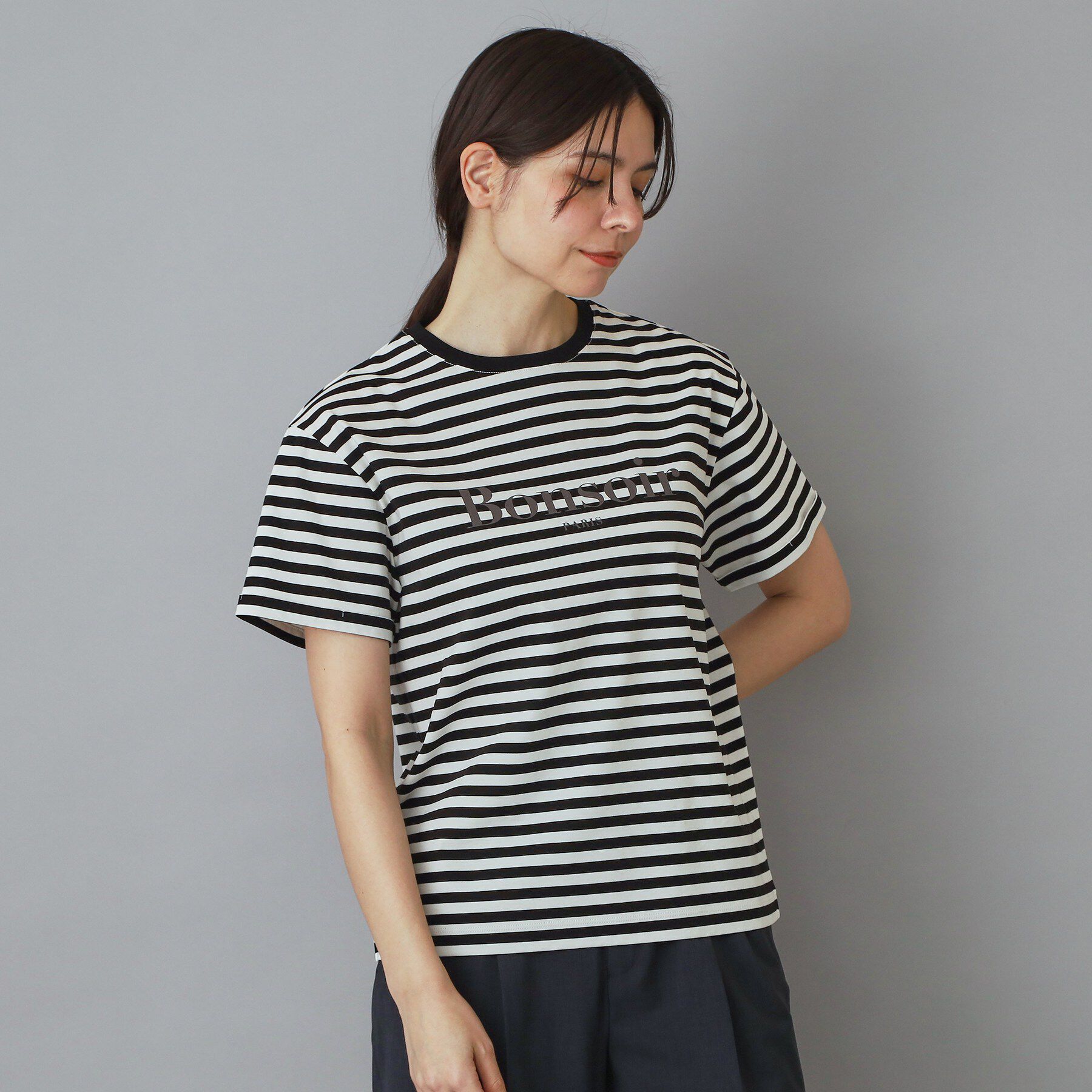 DRESSTERIOR「【接触冷感／抗菌防臭／消臭】アイスクリアコットンBonsoirロゴボーダーTシャツ」|Tシャツ・カットソー|