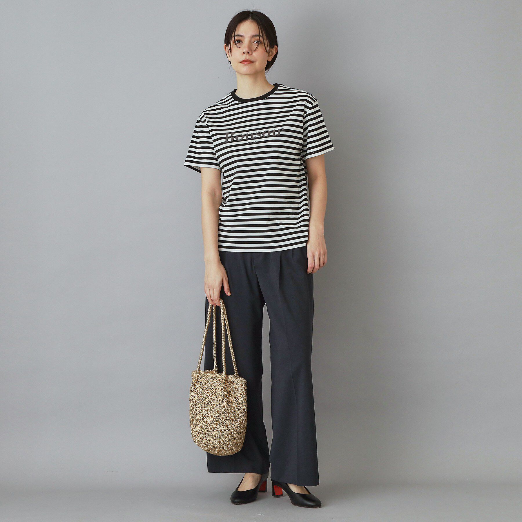 DRESSTERIOR「【接触冷感／抗菌防臭／消臭】アイスクリアコットンBonsoirロゴボーダーTシャツ」|Tシャツ・カットソー|