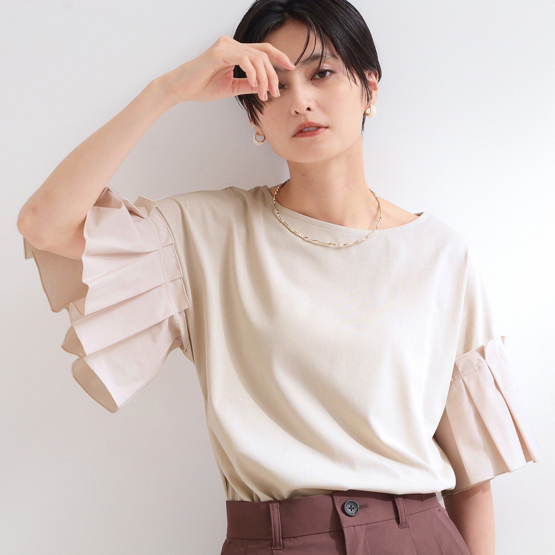 OPAQUE.CLIP「【接触冷感】タックスリーブカットソー《洗濯機OK》」|Tシャツ・カットソー|ライトベージュ(05