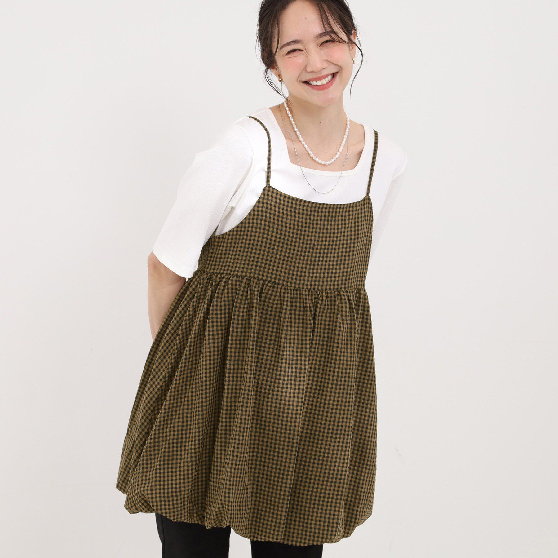SHOO･LA･RUE「【洗濯機可/体型カバー/S-LL】後ろ姿も抜かりない ギンガムチェック柄バルーンキャミチュニック」|チュニック|モカブラウン(242