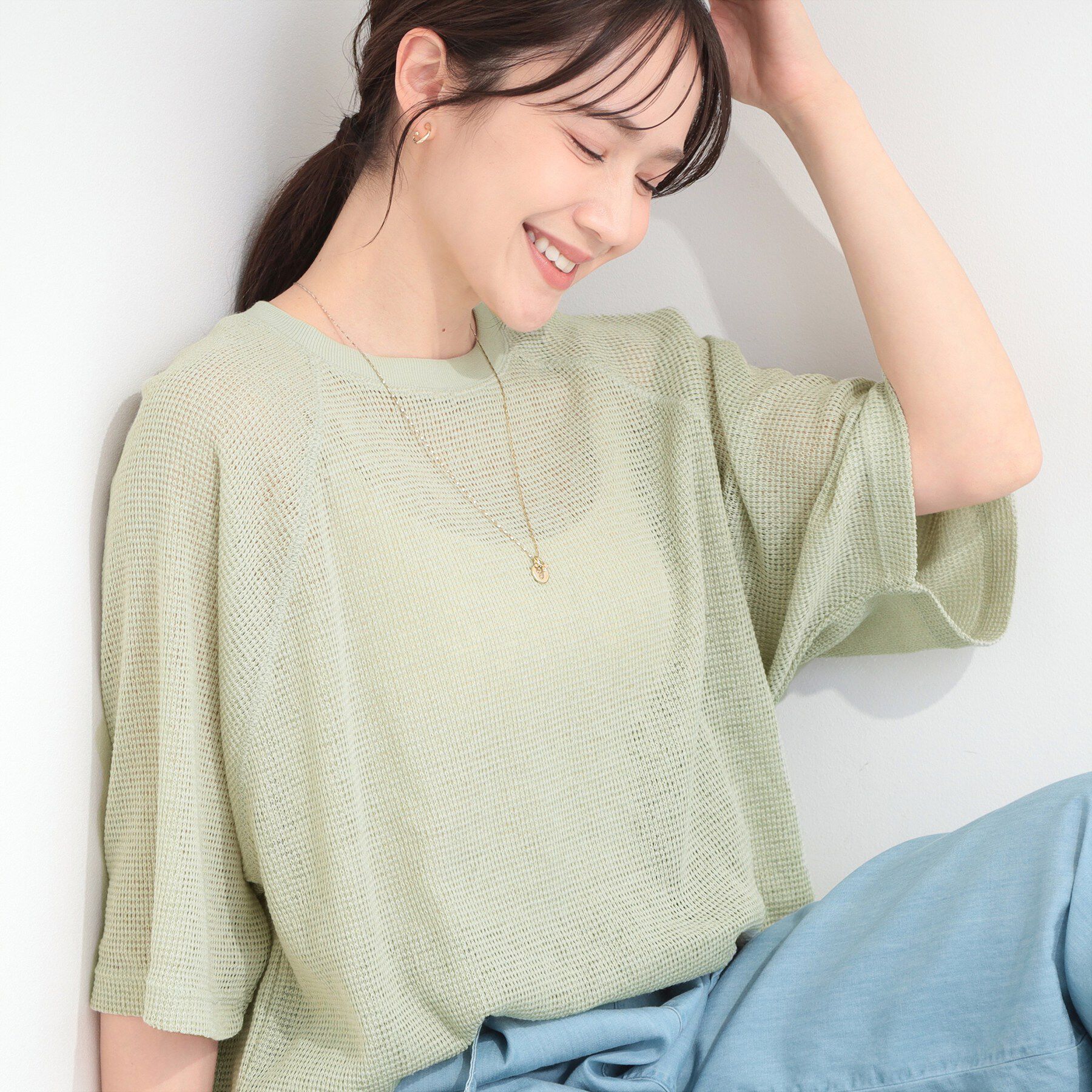 SHOO･LA･RUE「【S-LL】シアーワッフル ラグラン5分袖ゆるTシャツ」|Tシャツ・カットソー|ミントグリーン(02