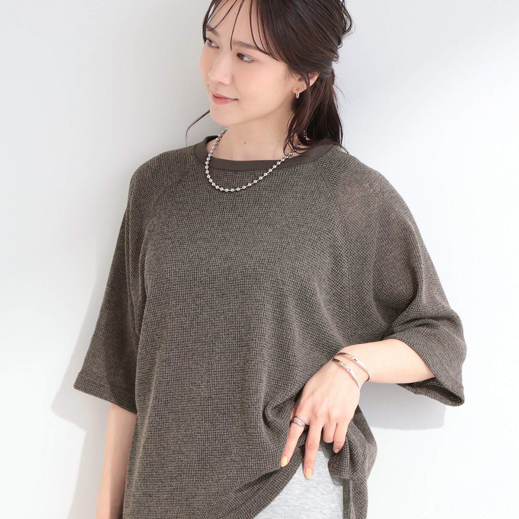 SHOO･LA･RUE「【S-LL】シアーワッフル ラグラン5分袖ゆるTシャツ」|Tシャツ・カットソー|トープ(054)