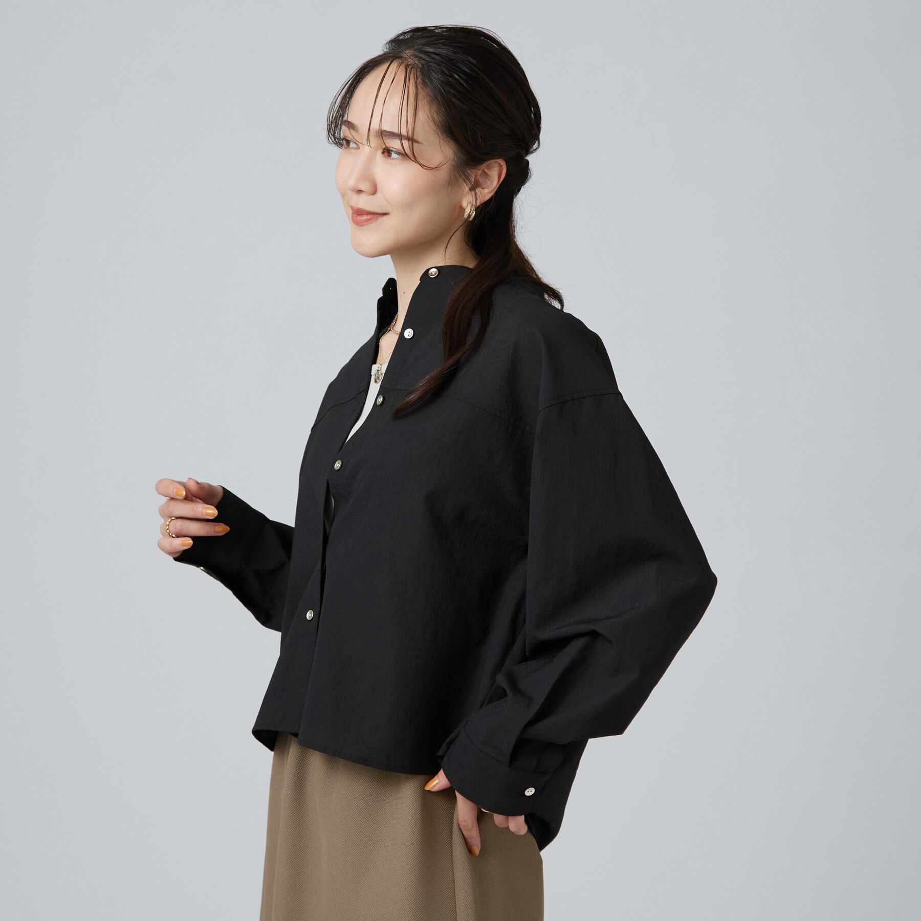 SHOO･LA･RUE「【通気性〇/S-LL/洗濯機可】さらりノーカラーシャツ」|シャツ・ブラウス|