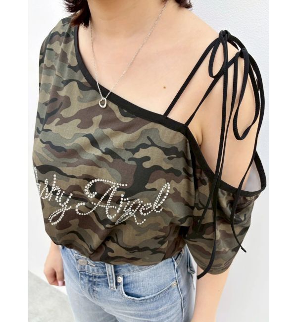 EVRIS「ラインストーンワンショルグラフィックトップス」|Tシャツ・カットソー|