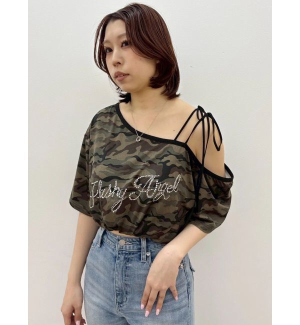 EVRIS「ラインストーンワンショルグラフィックトップス」|Tシャツ・カットソー|
