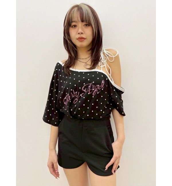 EVRIS「ラインストーンワンショルグラフィックトップス」|Tシャツ・カットソー|