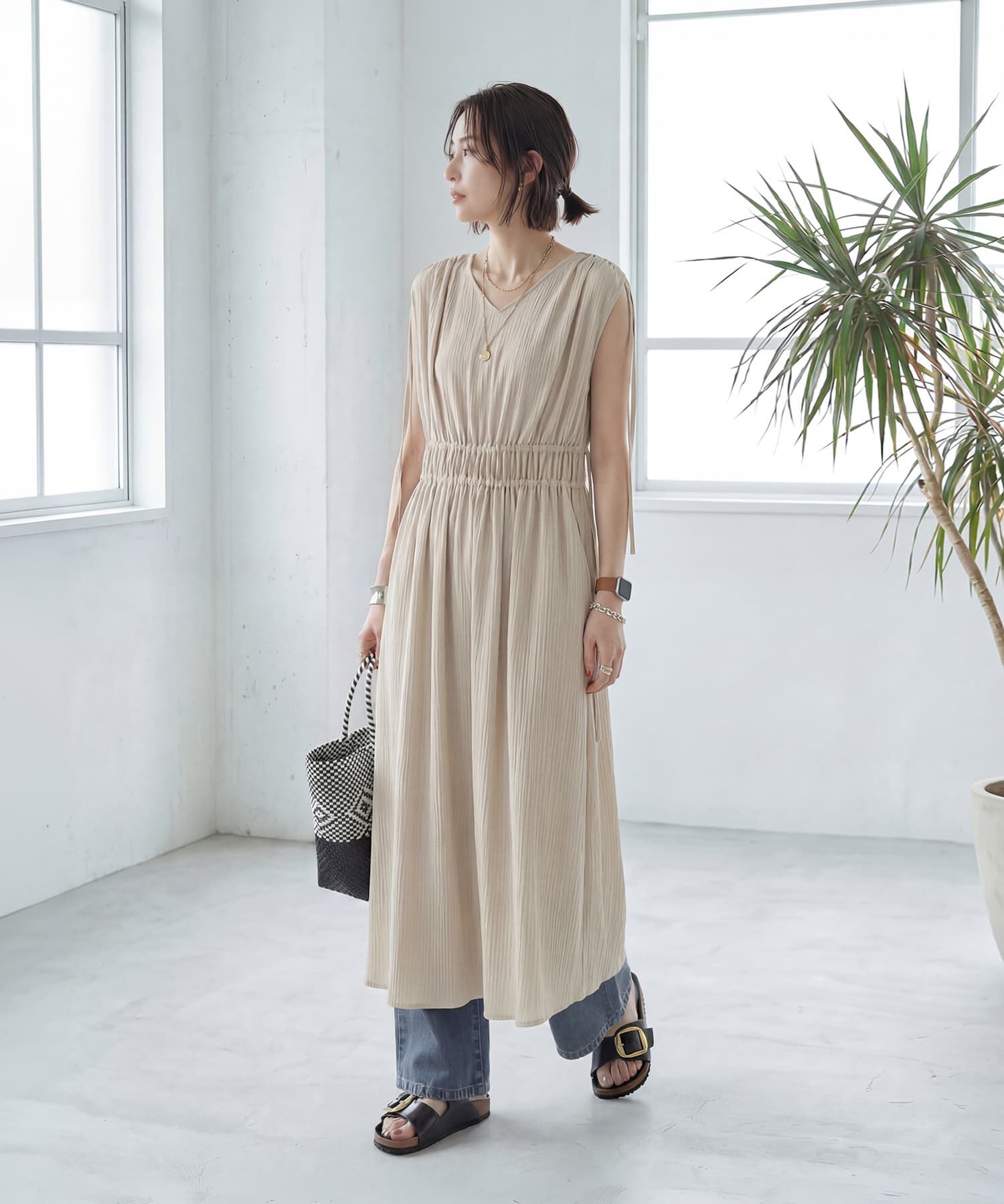 STYLE DELI「楊柳ドロストギャザーワンピース」|ワンピース|エクリュ