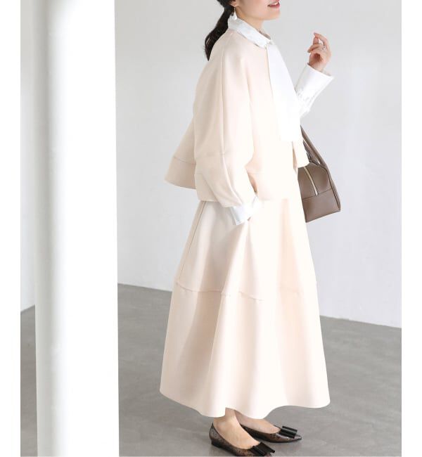  「【洗える】ボンディングショートペプラムジャケット」|ノーカラージャケット|ナチュラル