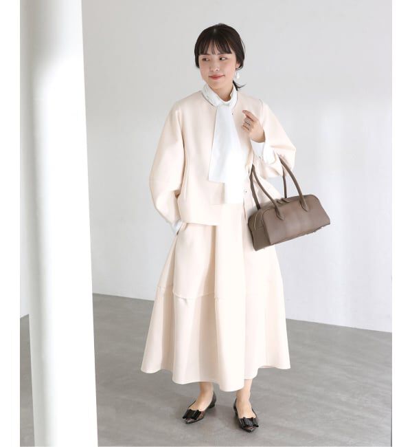  「【洗える】ボンディングショートペプラムジャケット」|ノーカラージャケット|