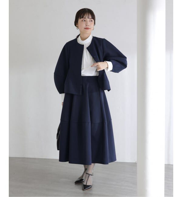  「【洗える】ボンディングショートペプラムジャケット」|ノーカラージャケット|