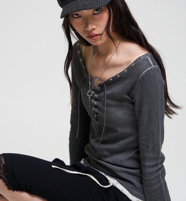  「【WEB限定】プロセストレースアップトップス」|Tシャツ・カットソー|ブラック