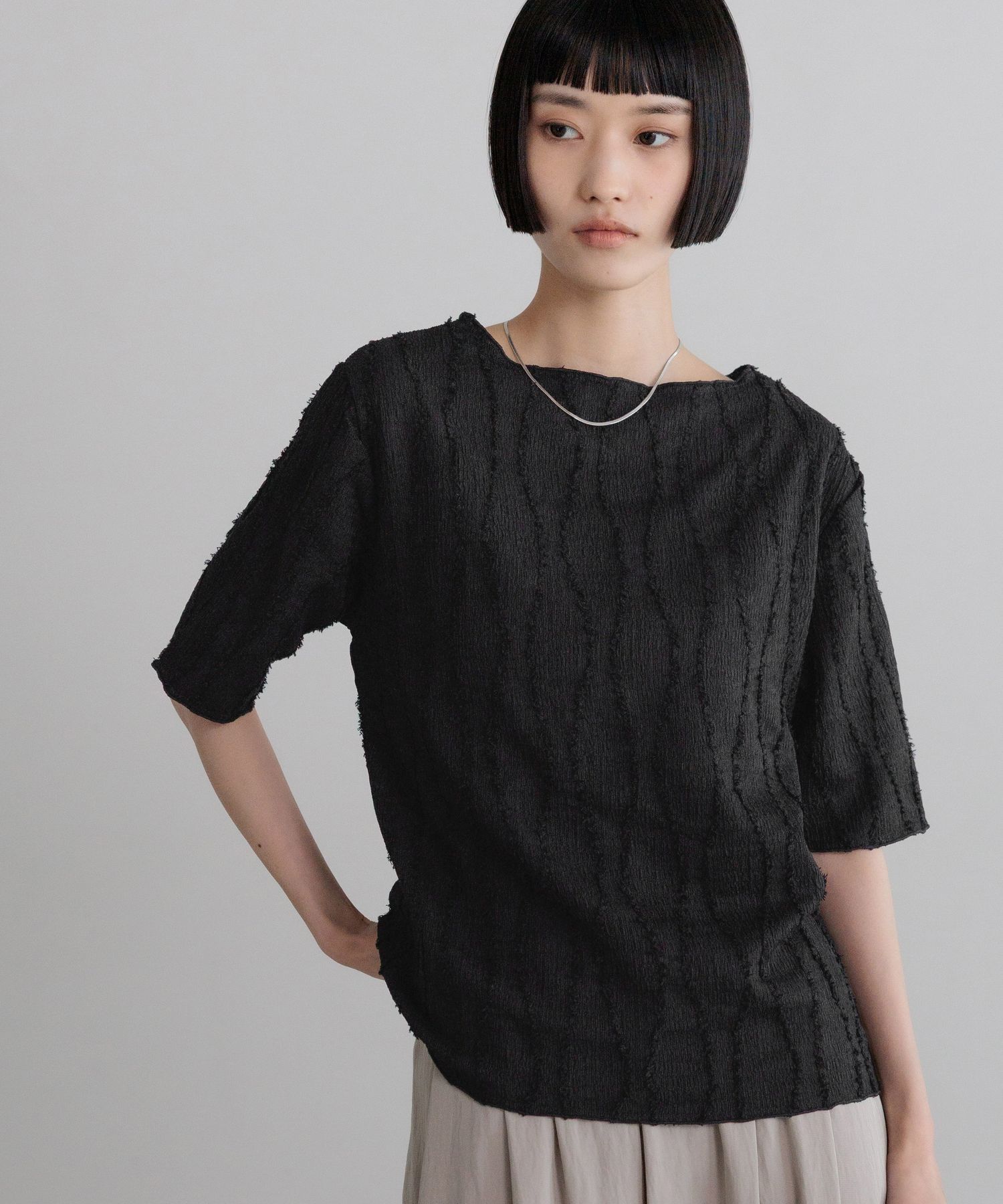 LOWRYS FARM「ジャガードフリンジ５Ｓ」|Tシャツ・カットソー|BLK