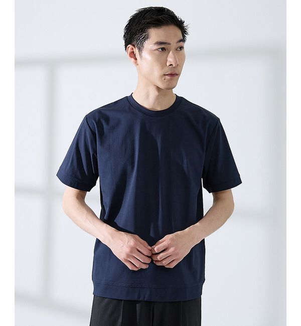 ABAHOUSE「【SMART CLOSET】シルケット天竺　ワイドリブ Tシャツ / 接触冷感」|Tシャツ・カットソー|ネイビー
