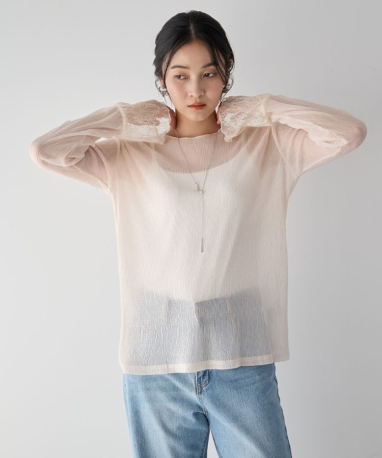 YECCA VECCA「袖レースシアートップス」|Tシャツ・カットソー|Ivory