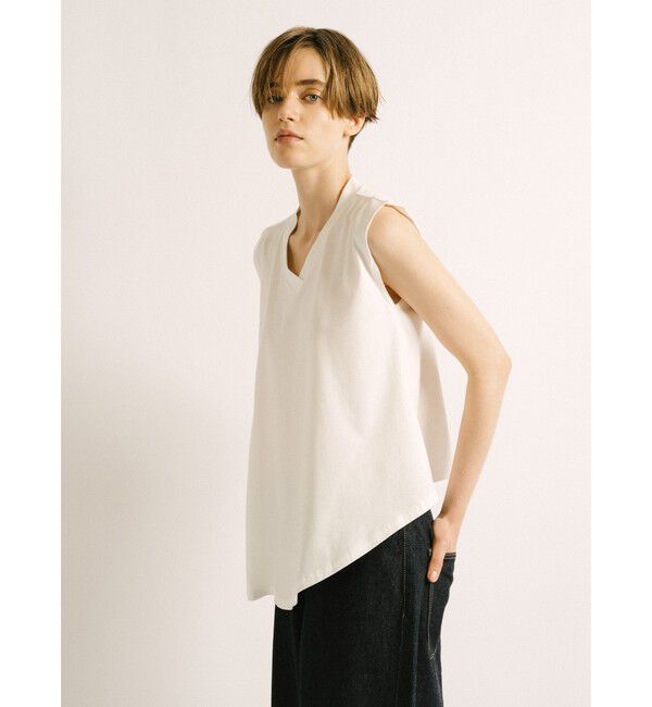 mizuiro ind「mizuiro ind Vネックアシンメトリーノースリーブプルオーバー」|Tシャツ・カットソー|