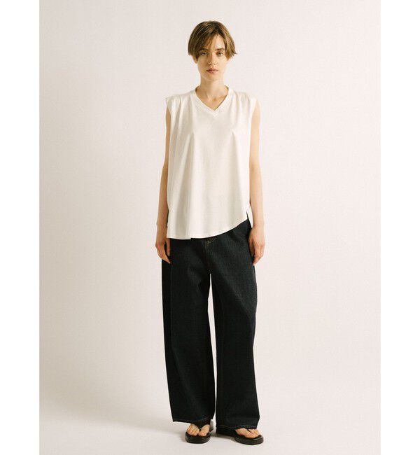 mizuiro ind「mizuiro ind Vネックアシンメトリーノースリーブプルオーバー」|Tシャツ・カットソー|