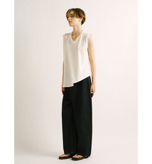 mizuiro ind「mizuiro ind Vネックアシンメトリーノースリーブプルオーバー」|Tシャツ・カットソー|