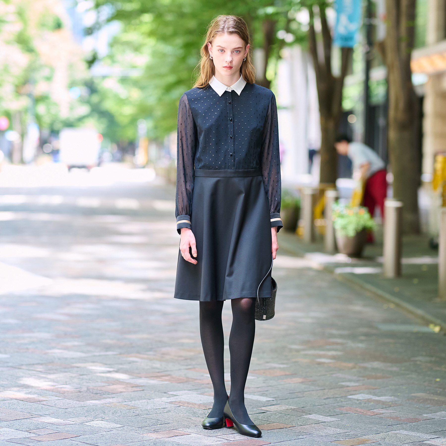 DRESSTERIOR「【ウォッシャブル/きれいめ】フィルムドットクレリックワンピース」|ワンピース|