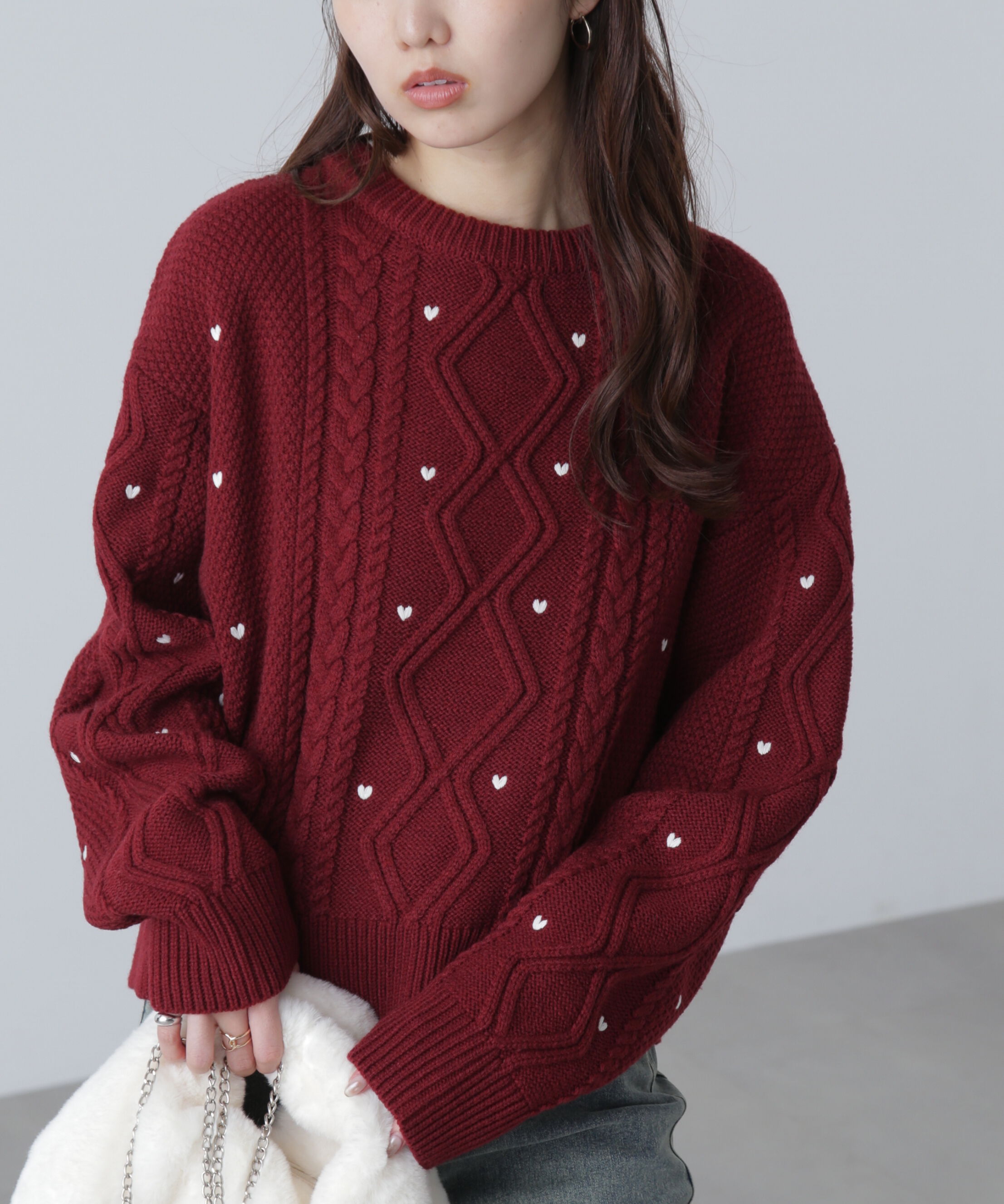  「ハート刺繍ケーブルニット」|ニット・セーター|