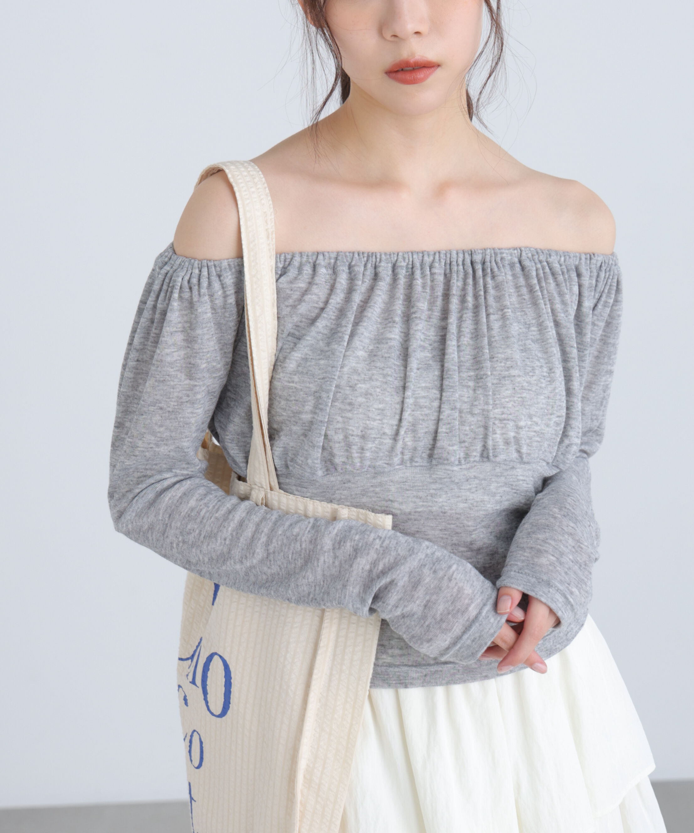  「オフショルシアーギャザーカットソー」|Tシャツ・カットソー|グレー
