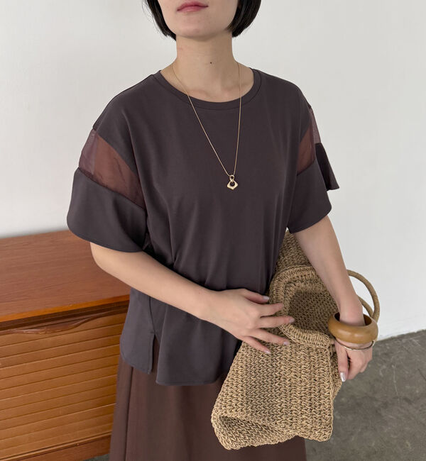 Doux archives「【接触冷感・吸水速乾】袖シアー切替カットソー」|Tシャツ・カットソー|BROWN