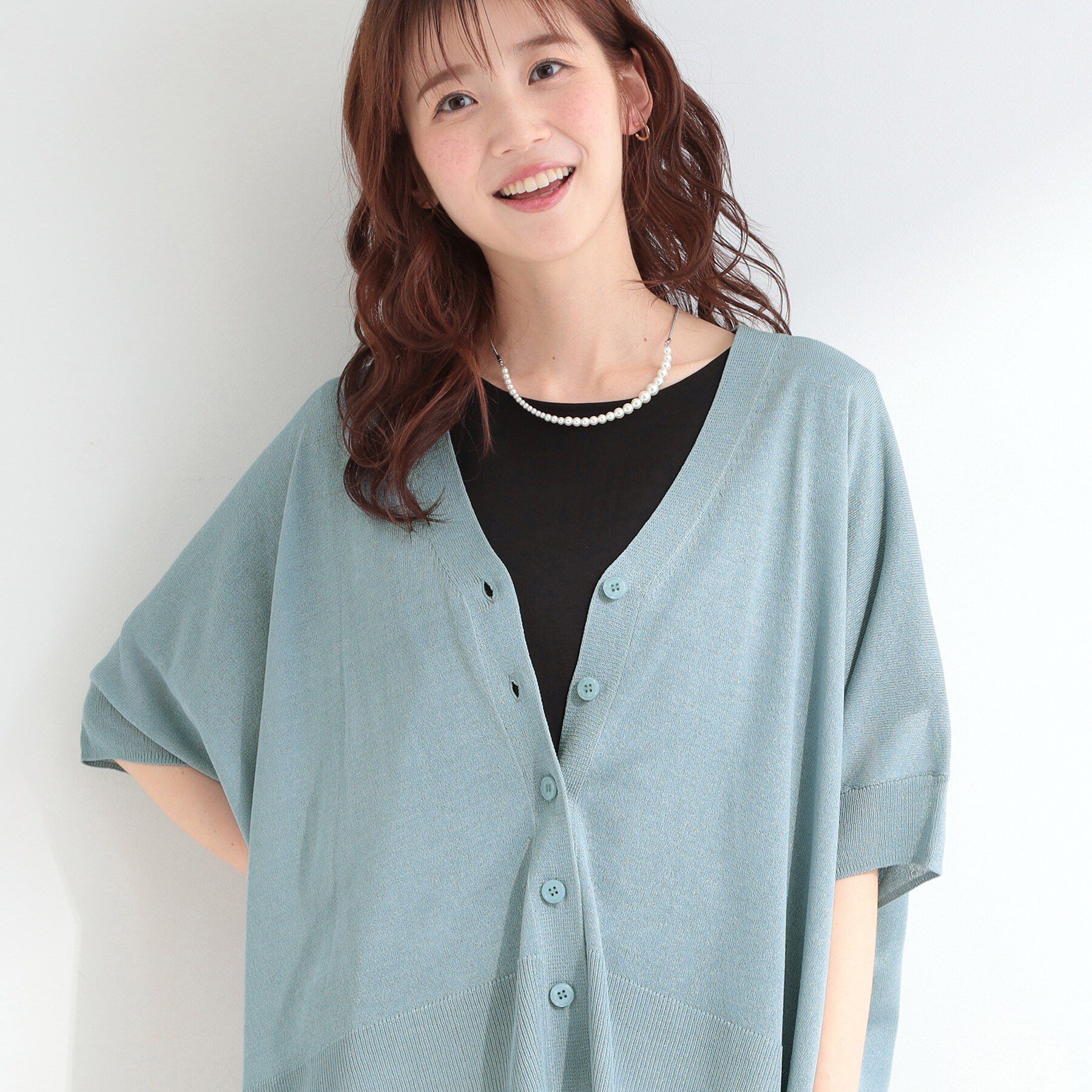 SHOO･LA･RUE「【洗濯機可/体型カバー】上品ラメがきらめく シアーポンチョ風カーディガン」|カーディガン|ブルー(091)