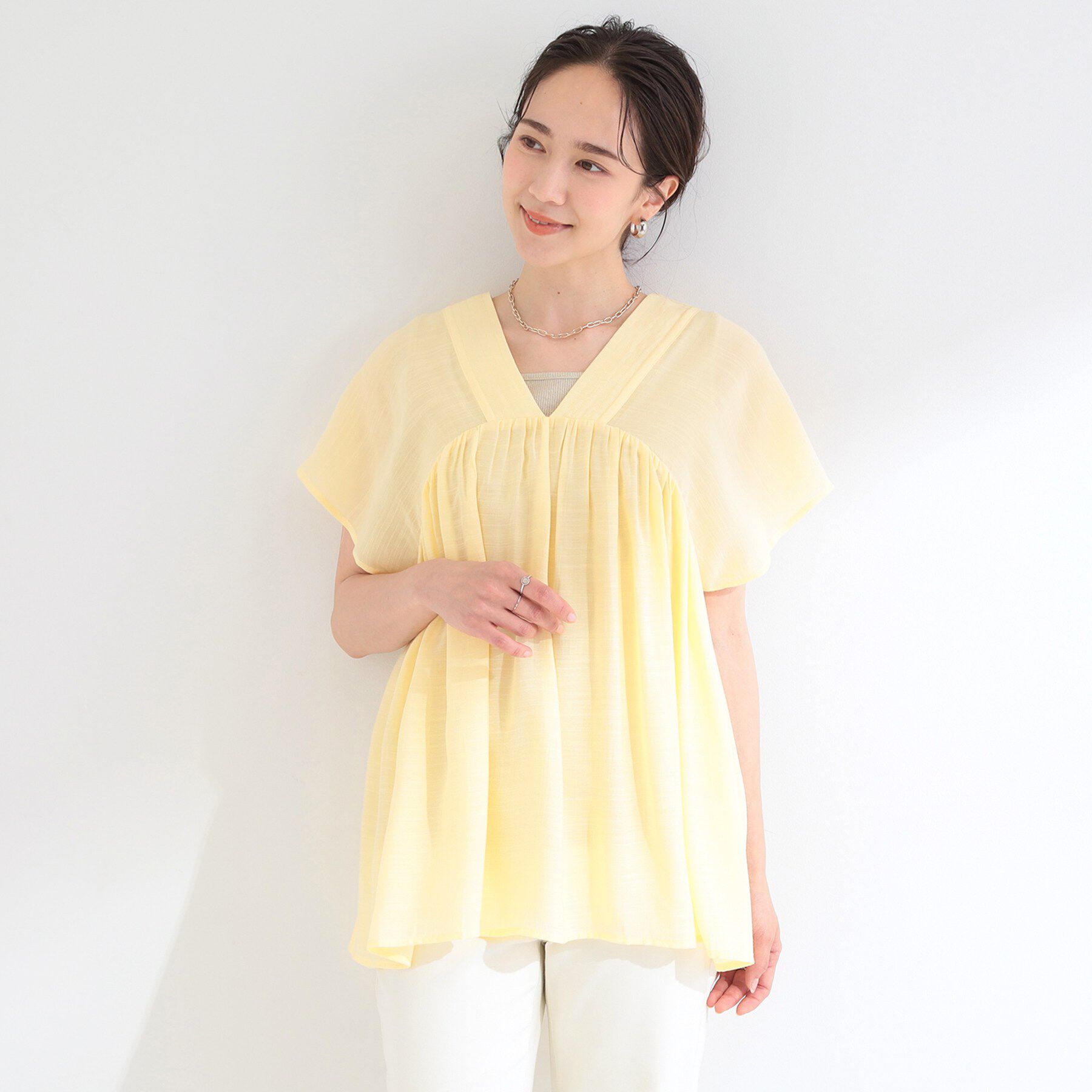 SHOO･LA･RUE「【ひんやり/UV/体型カバー】インせず着られる Vネックギャザーブラウス」|シャツ・ブラウス|