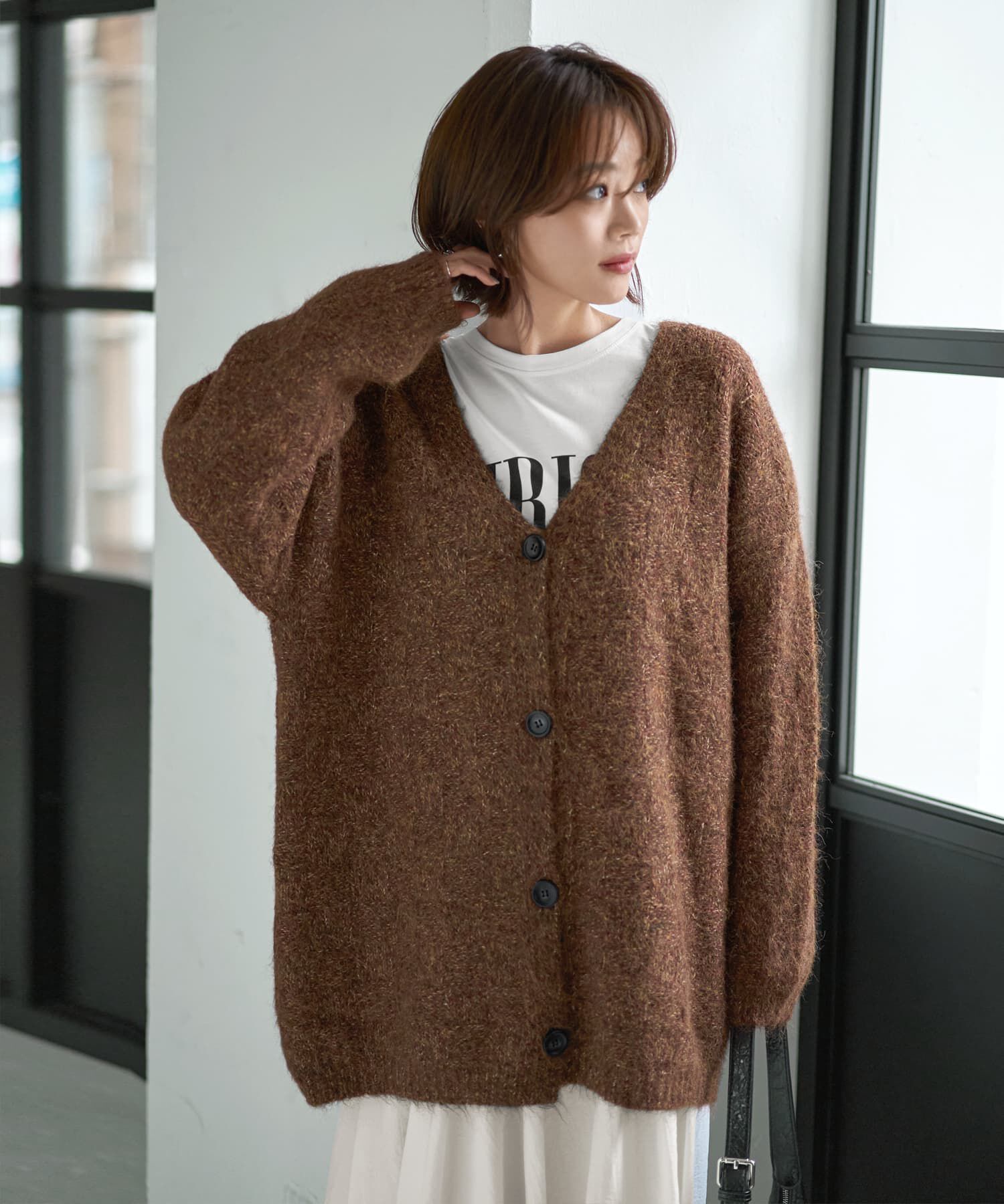 STYLE DELI「モヘア風ミックスニットゆったりカーディガン」|カーディガン|ブラウンミックス