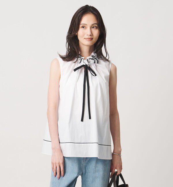 UNITED ARROWS「スタンド フリル ノースリーブ ブラウス ‐ウォッシャブル‐」|シャツ・ブラウス|WHITE