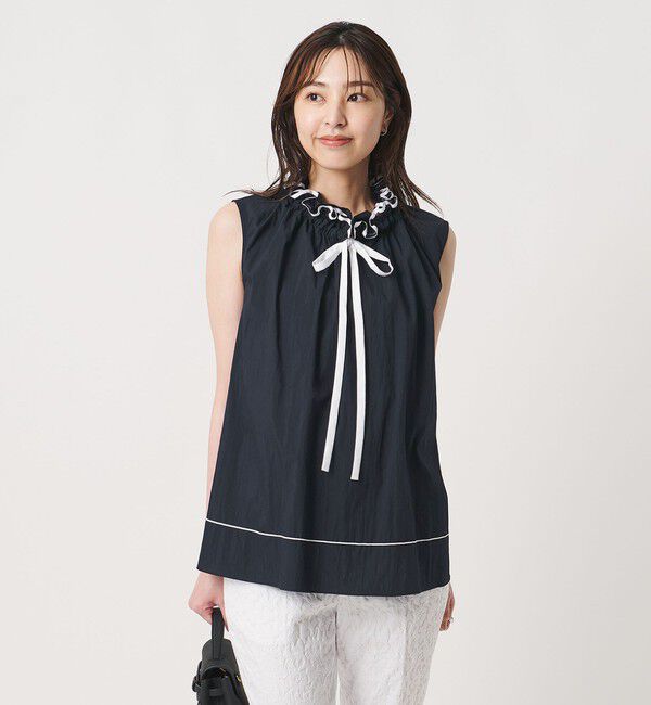UNITED ARROWS「スタンド フリル ノースリーブ ブラウス ‐ウォッシャブル‐」|シャツ・ブラウス|NAVY