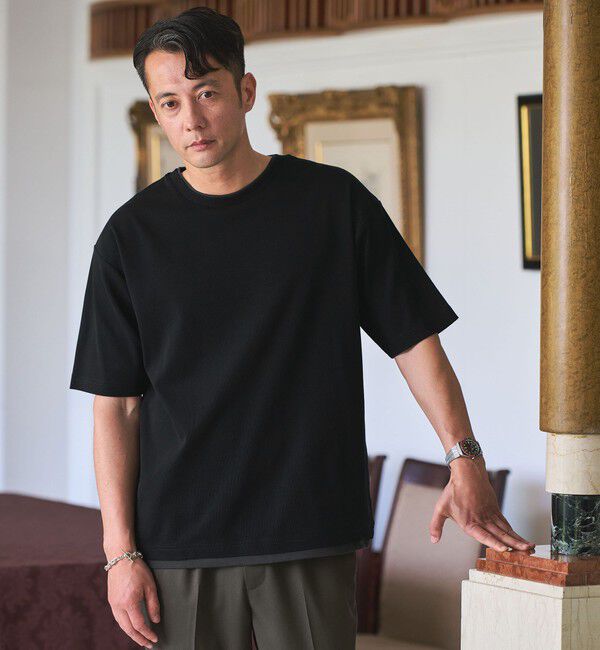 UNITED ARROWS green label relaxing「ピケ フェイクレイヤード クルーネック 半袖 Ｔシャツ」|Tシャツ・カットソー|BLACK