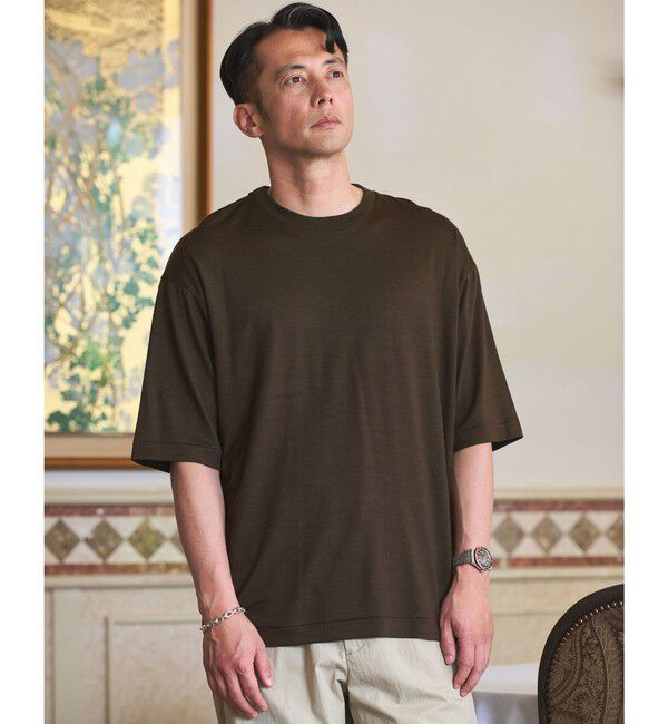 UNITED ARROWS green label relaxing「FINE BASIC ハシゴ Super100&rsquo;s ウール 半袖 Tシャツ」|Tシャツ・カットソー|DK.BROWN