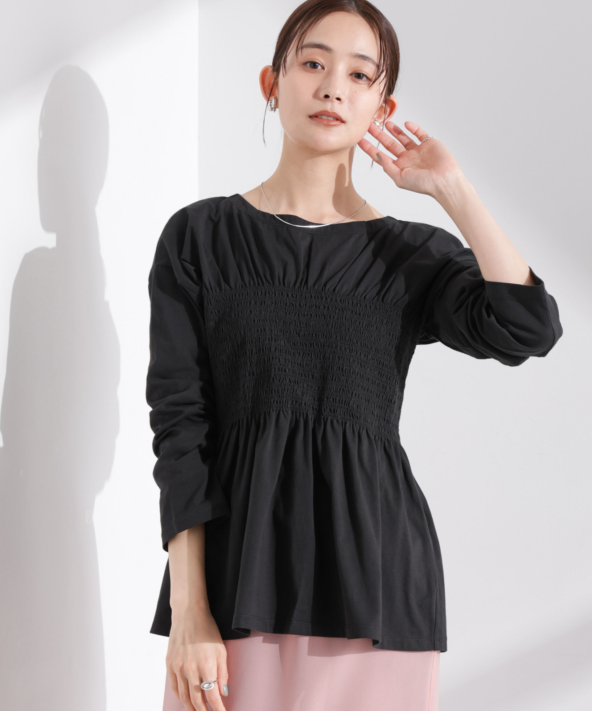 nano･universe「シャーリングデザインカットソー」|Tシャツ・カットソー|ブラック