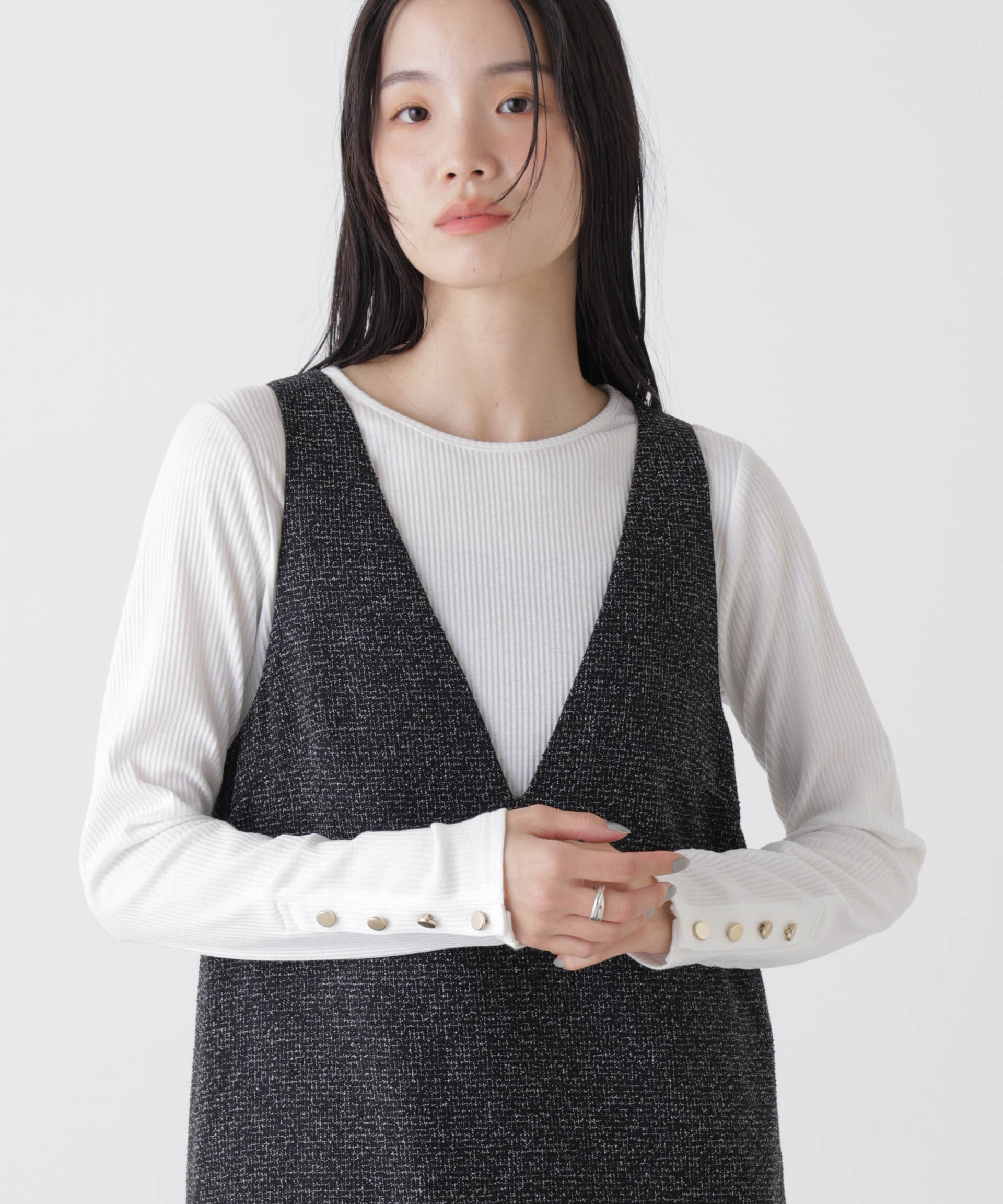 NANO universe「メタルボタンスリーブクルーネックリブカットトップス」|Tシャツ・カットソー|