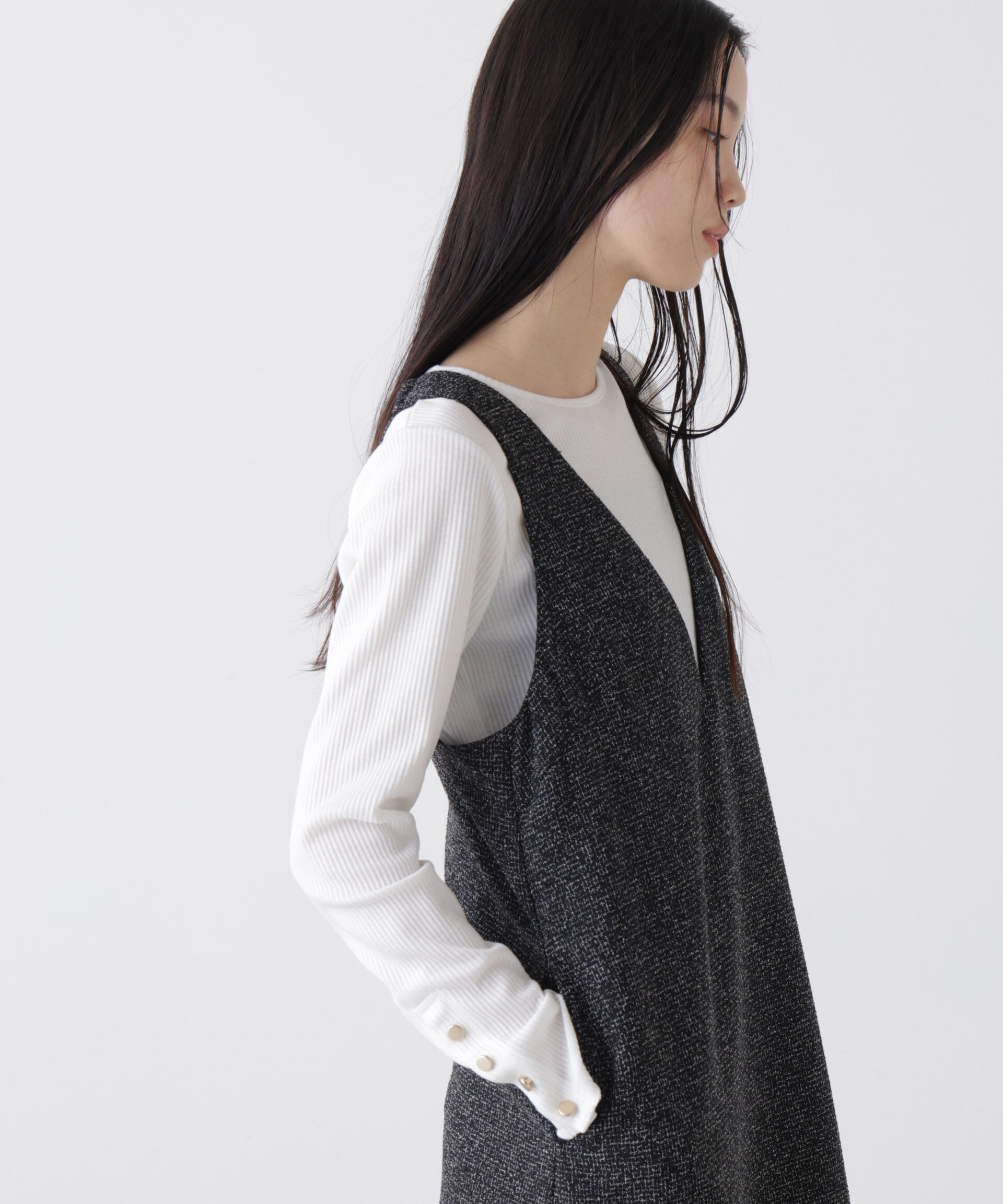 NANO universe「メタルボタンスリーブクルーネックリブカットトップス」|Tシャツ・カットソー|