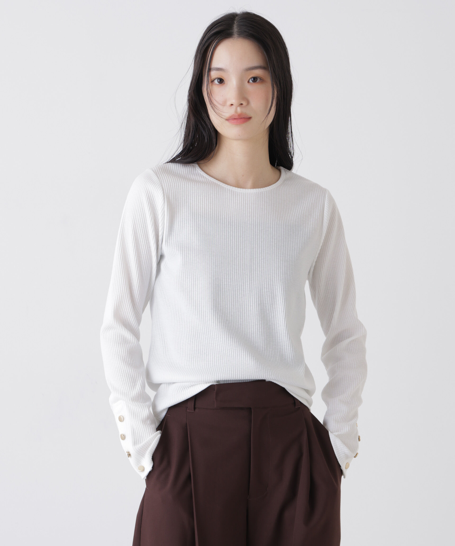 NANO universe「メタルボタンスリーブクルーネックリブカットトップス」|Tシャツ・カットソー|