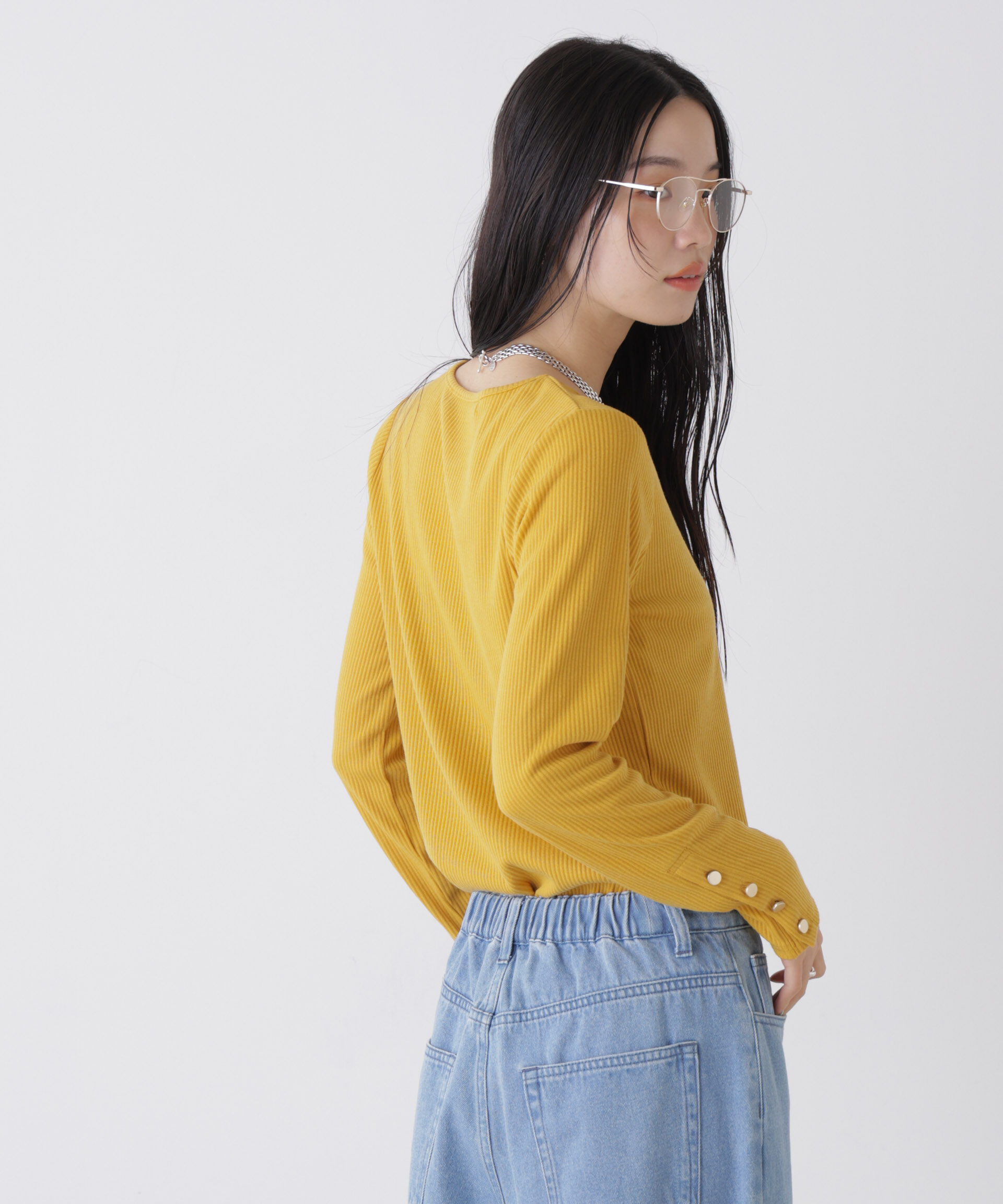 NANO universe「メタルボタンスリーブクルーネックリブカットトップス」|Tシャツ・カットソー|