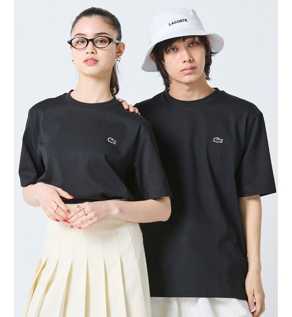 LACOSTE「二層構造 消臭 速乾 UVカット ワンポイント アウトラインロゴクルーネック半袖Tシャツ」|Tシャツ・カットソー|ブラック