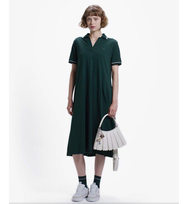 LACOSTE「ラインリブスキッパーネック鹿の子ポロドレス / ポロワンピース」|ワンピース|ダークグリーン