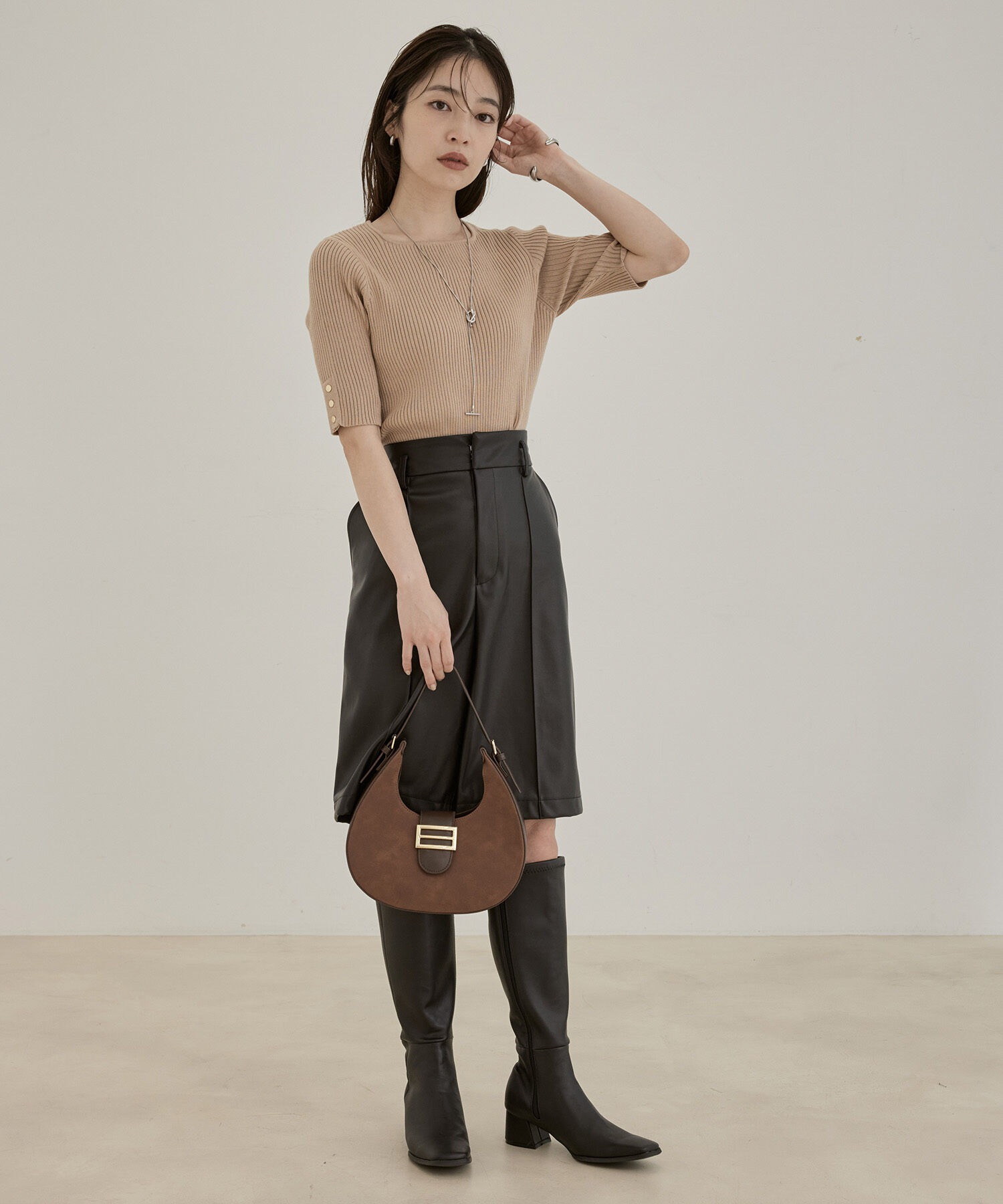 VIS「【洗える】5分袖スクエアネックリブニット」|ニット・セーター|