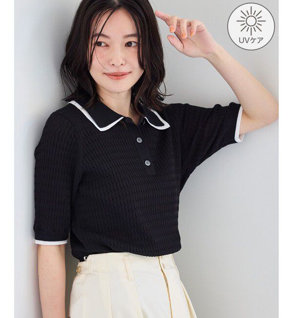 Rope&rsquo;Picnic「【ちゃんと+かわいい保証】シャーベットニットミニケーブルポロカラーニット/UVケア」|ニット・セーター|ブラック(01)