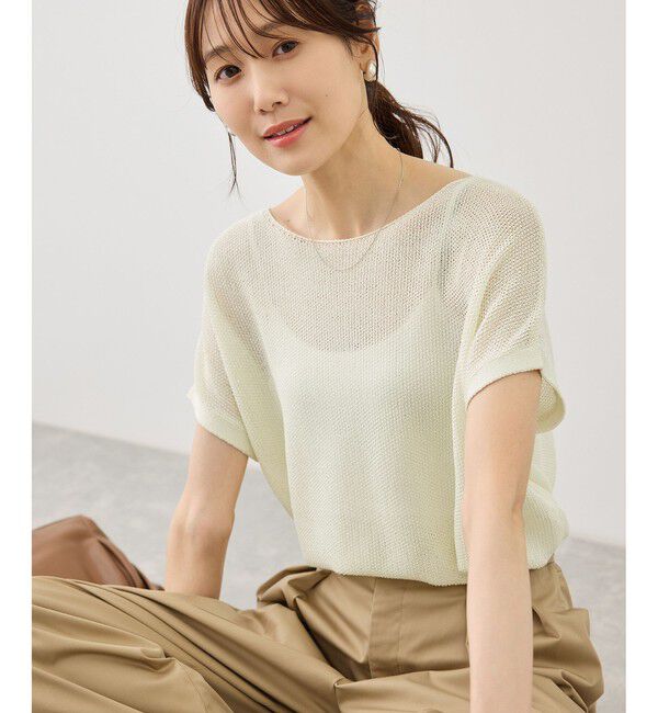 Rope&rsquo;Picnic「【体型カバー】二の腕すっきり見えプチスパンコールフレンチスリーブメッシュニット」|ニット・セーター|