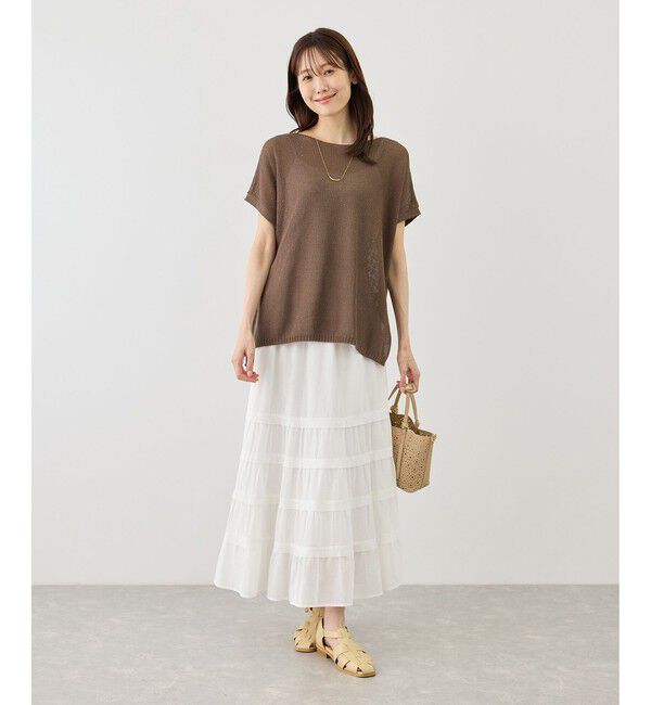 Rope&rsquo;Picnic「【体型カバー】二の腕すっきり見えプチスパンコールフレンチスリーブメッシュニット」|ニット・セーター|