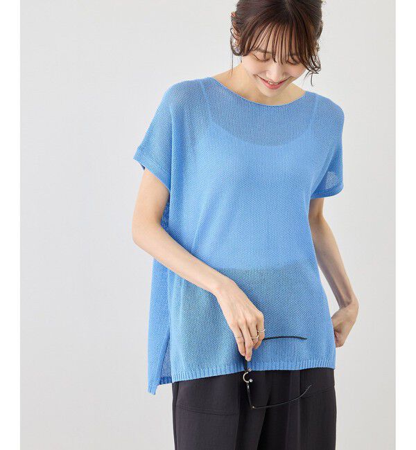 Rope&rsquo;Picnic「【体型カバー】二の腕すっきり見えプチスパンコールフレンチスリーブメッシュニット」|ニット・セーター|