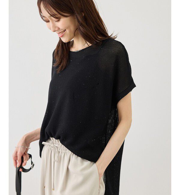 Rope&rsquo;Picnic「【体型カバー】二の腕すっきり見えプチスパンコールフレンチスリーブメッシュニット」|ニット・セーター|