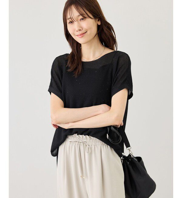 Rope&rsquo;Picnic「【体型カバー】二の腕すっきり見えプチスパンコールフレンチスリーブメッシュニット」|ニット・セーター|
