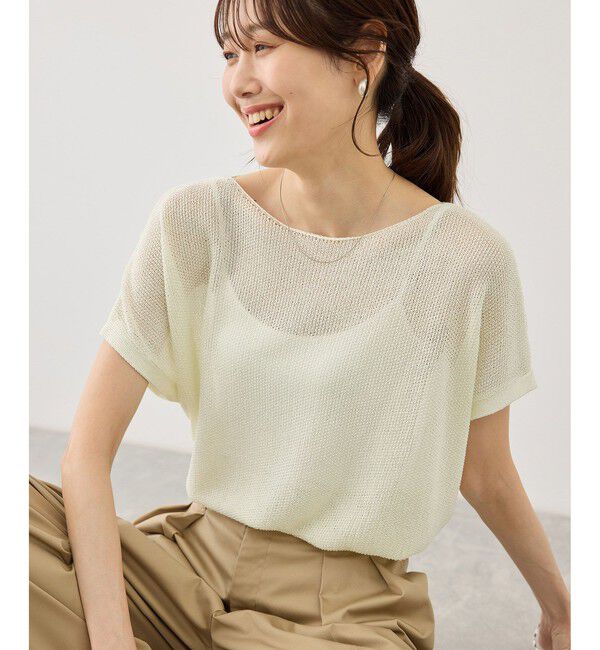 Rope&rsquo;Picnic「【体型カバー】二の腕すっきり見えプチスパンコールフレンチスリーブメッシュニット」|ニット・セーター|オフホワイト(15)