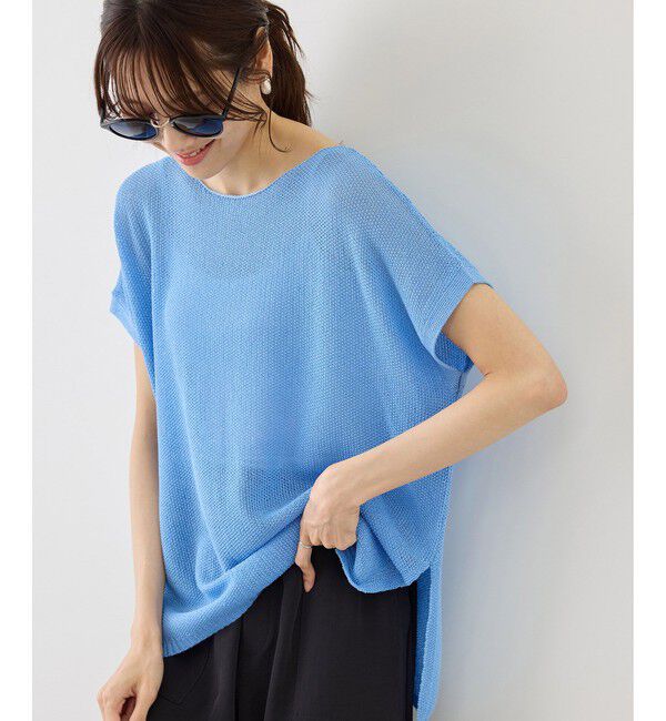 Rope&rsquo;Picnic「【体型カバー】二の腕すっきり見えプチスパンコールフレンチスリーブメッシュニット」|ニット・セーター|サックス(48)