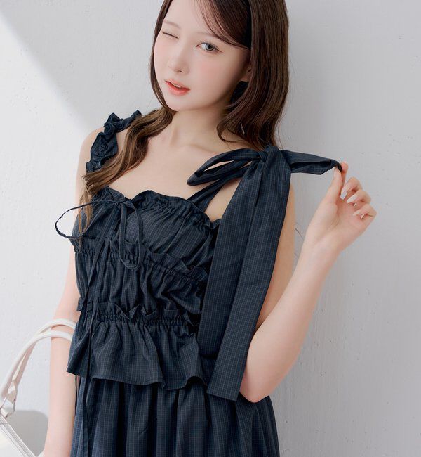  「【WEB限定/マルチウェイ】アシメ紐デザインシャーリングロングワンピース」|ワンピース|ネイビー